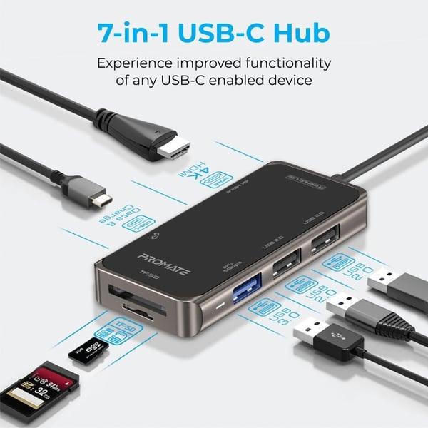 Promate Primhub-Lite 7 in 1 Type-C USB Hub Black Promate Primhub-Lite 7 in 1 Type-C USB Hub Black