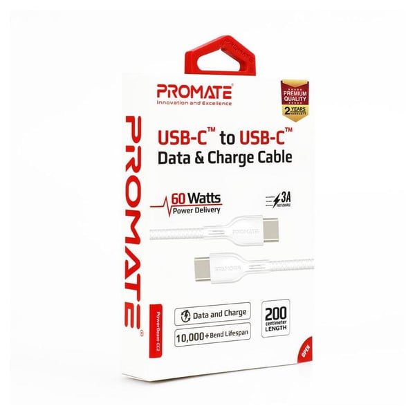Promate USB-C To USB-C Cable 2m White Promate USB-C To USB-C Cable 2m White