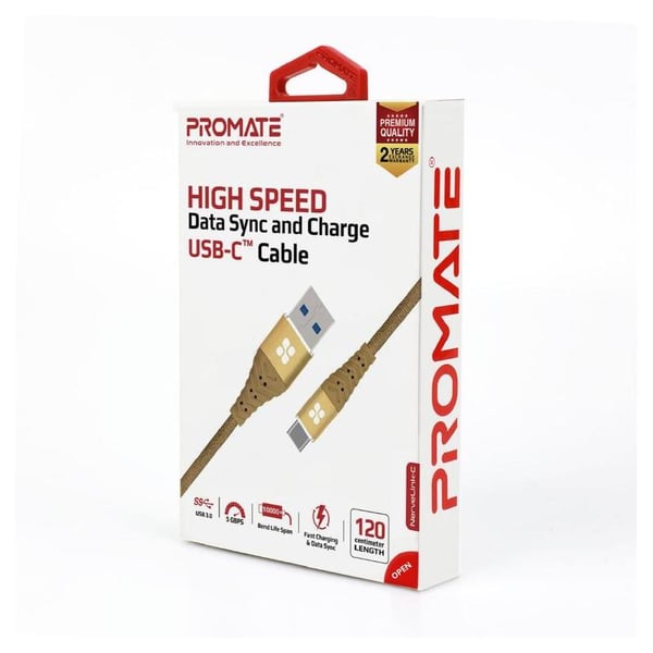 Promate USB-A To USB-C Cable 1.2m Gold Promate USB-A To USB-C Cable 1.2m Gold