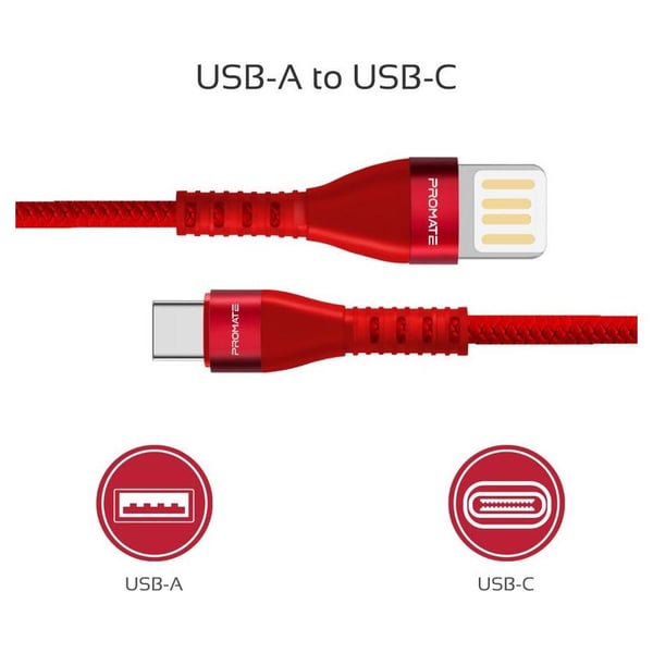 Promate USB-A To Type C Cable 1.2m Red Promate USB-A To Type C Cable 1.2m Red