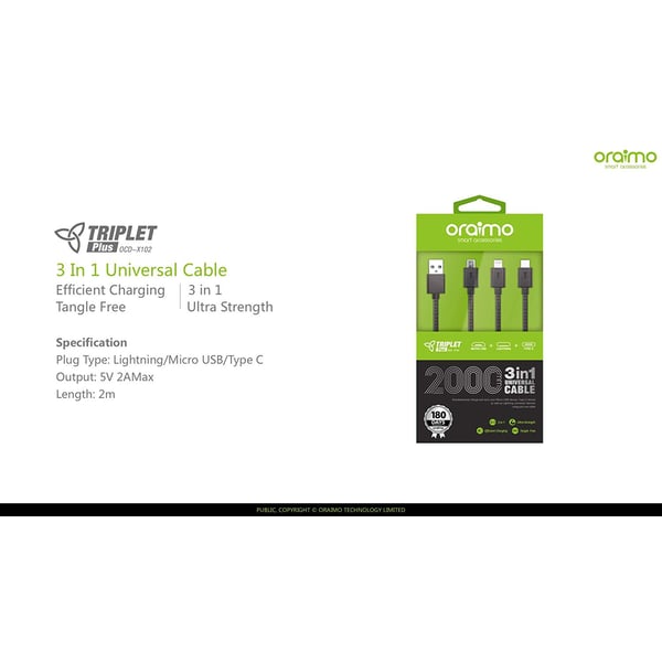 Oraimo 3In1 Lightining &Type C & Micro USB Cable 1m Black Oraimo 3In1 Lightining &Type C & Micro USB Cable 1m Black