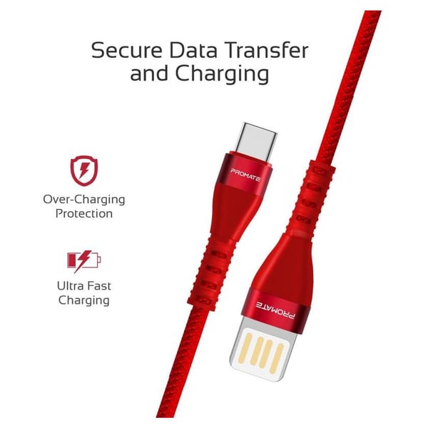 Promate USB-A To Type C Cable 1.2m Red Promate USB-A To Type C Cable 1.2m Red