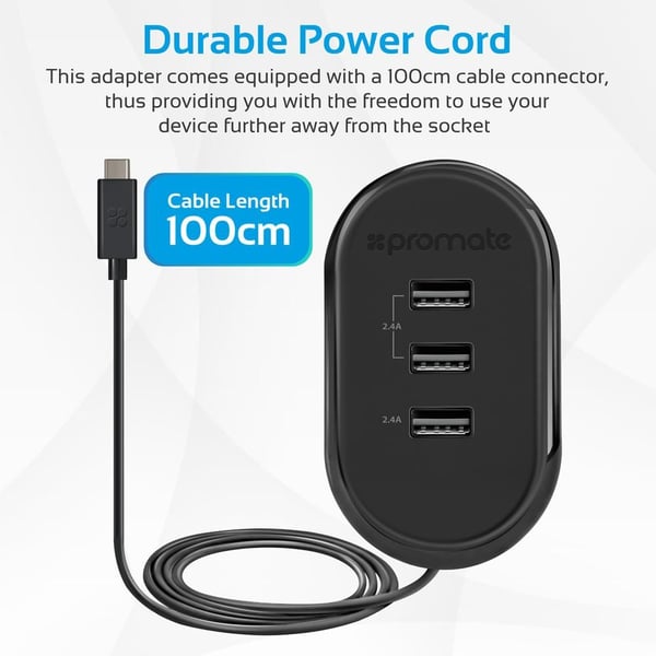 Promate 3-Port USB-C Charger Black Promate 3-Port USB-C Charger Black