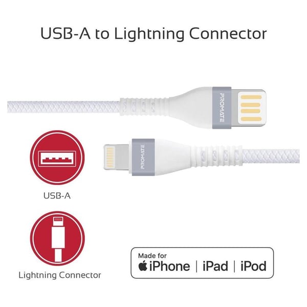 Promate Lightning Cable 1.2m Cable White Promate Lightning Cable 1.2m Cable White