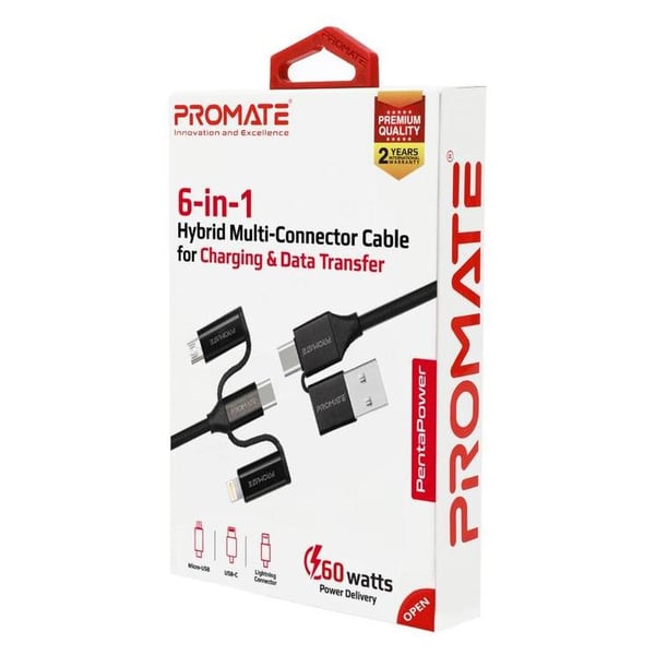Promate 6In1 Hybrid Multi Connector Cable 1.2m Black Promate 6In1 Hybrid Multi Connector Cable 1.2m Black