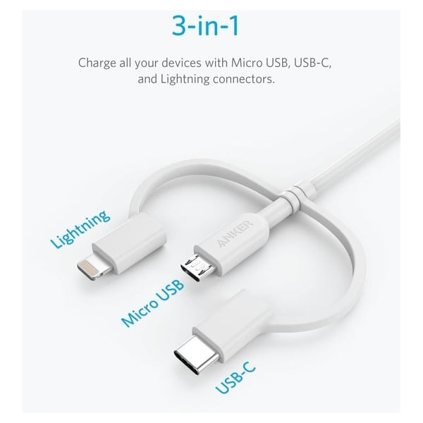 Anker Powerline ii USB-A To 3 In 1 Charging Cable - White Anker Powerline ii USB-A To 3 In 1 Charging Cable - White
