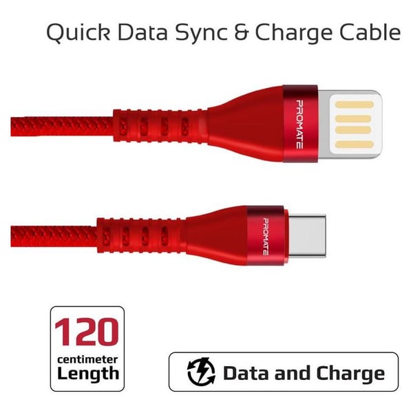 Promate USB-A To Type C Cable 1.2m Red Promate USB-A To Type C Cable 1.2m Red