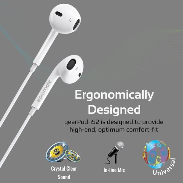 Promate gearPod Lightweight High-Performance Stereo Earbuds White Promate gearPod Lightweight High-Performance Stereo Earbuds White