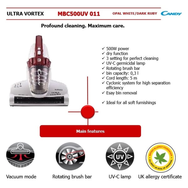 Candy Vacuum Cleaner 0.3 Litres MBC500UV003 Candy Vacuum Cleaner 0.3 Litres MBC500UV003