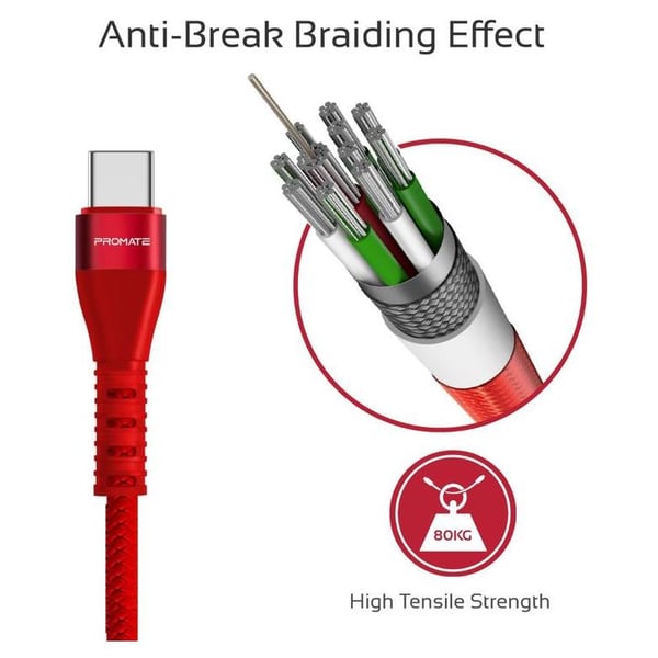 Promate USB-A To Type C Cable 1.2m Red Promate USB-A To Type C Cable 1.2m Red