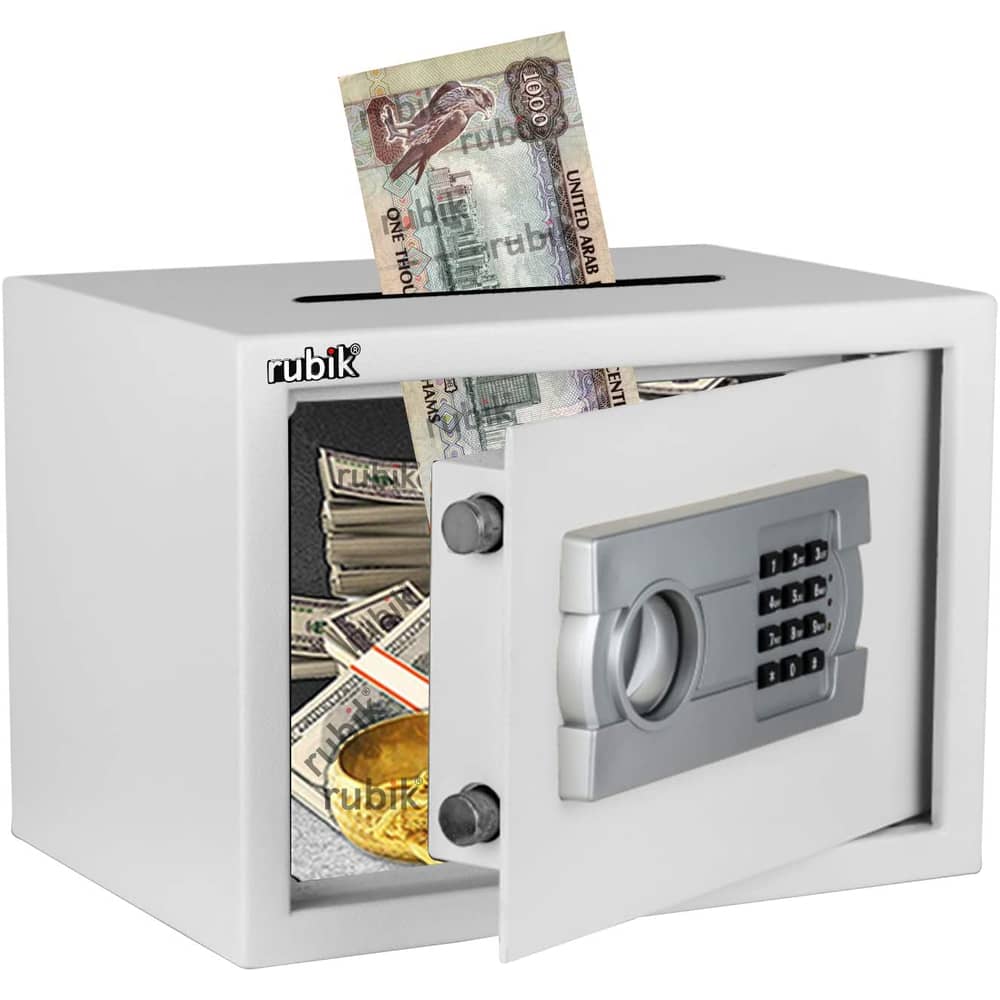Rubik Electronic Digital Safe Box with Key A4 and Top Cash Drop-in Slot A4 Document Size (25x35x25cm) White