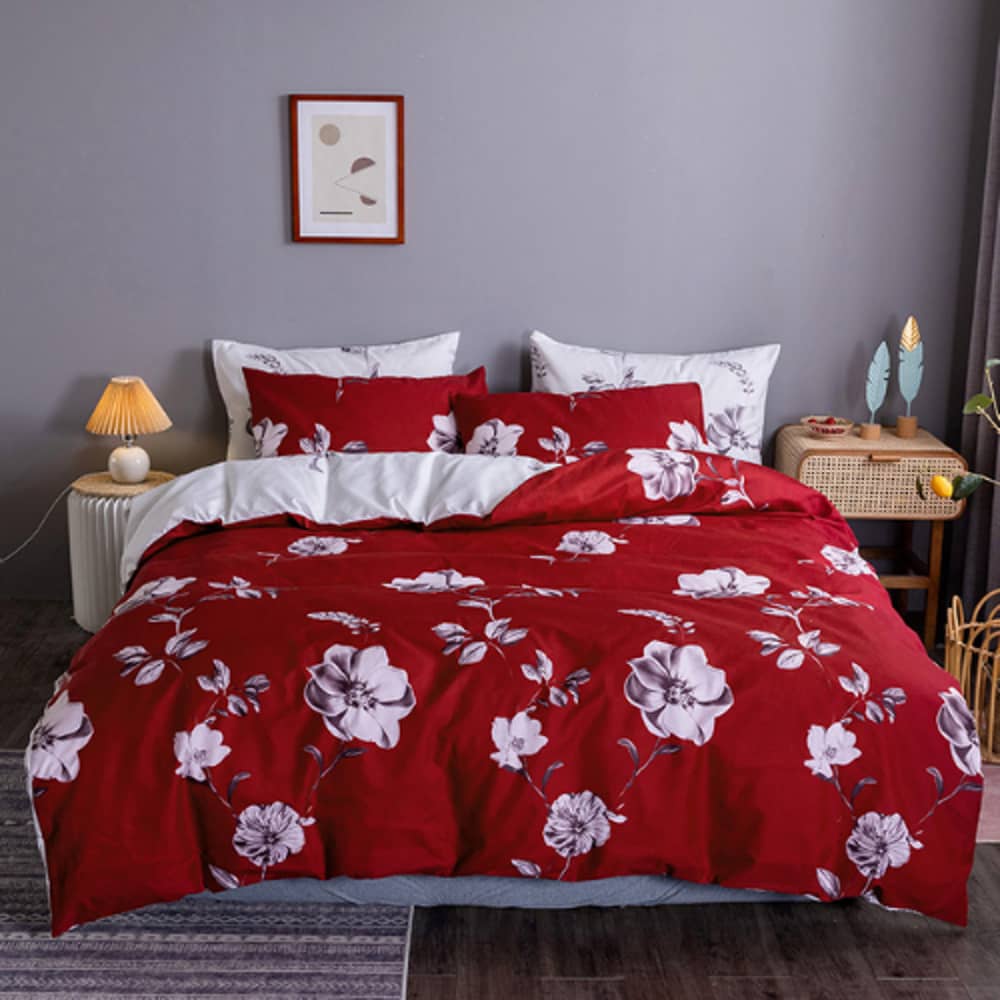 DEALS FOR LESS - King Size, Duvet Cover, Bedding Set of 6 Pieces, Red with White Floral Design, 1 Duvet cover + 1 Fitted bedsheet + 4 pillow covers.