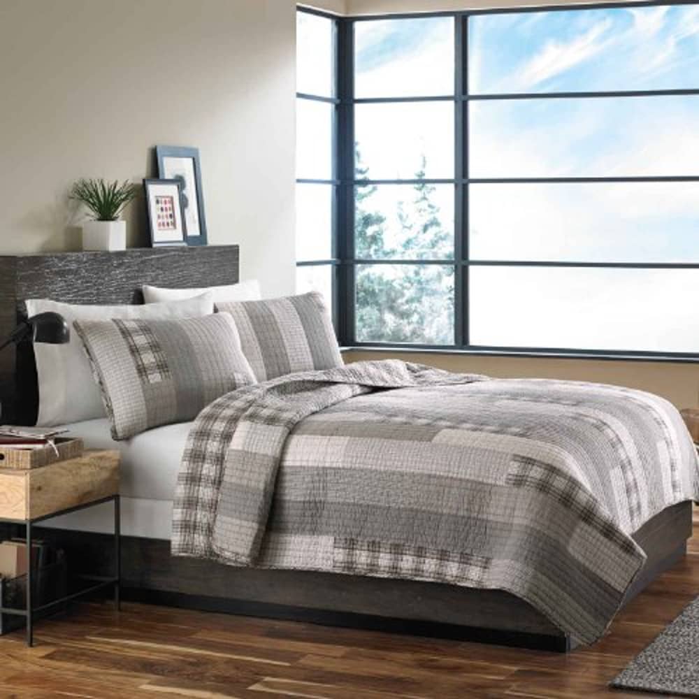 Eddie Bauer Fairview Collection 100% Cotton Reversible & Light-Weight Quilt Bedspread With Matching Shams 3Pc Bedding Set Full/Queen Grey