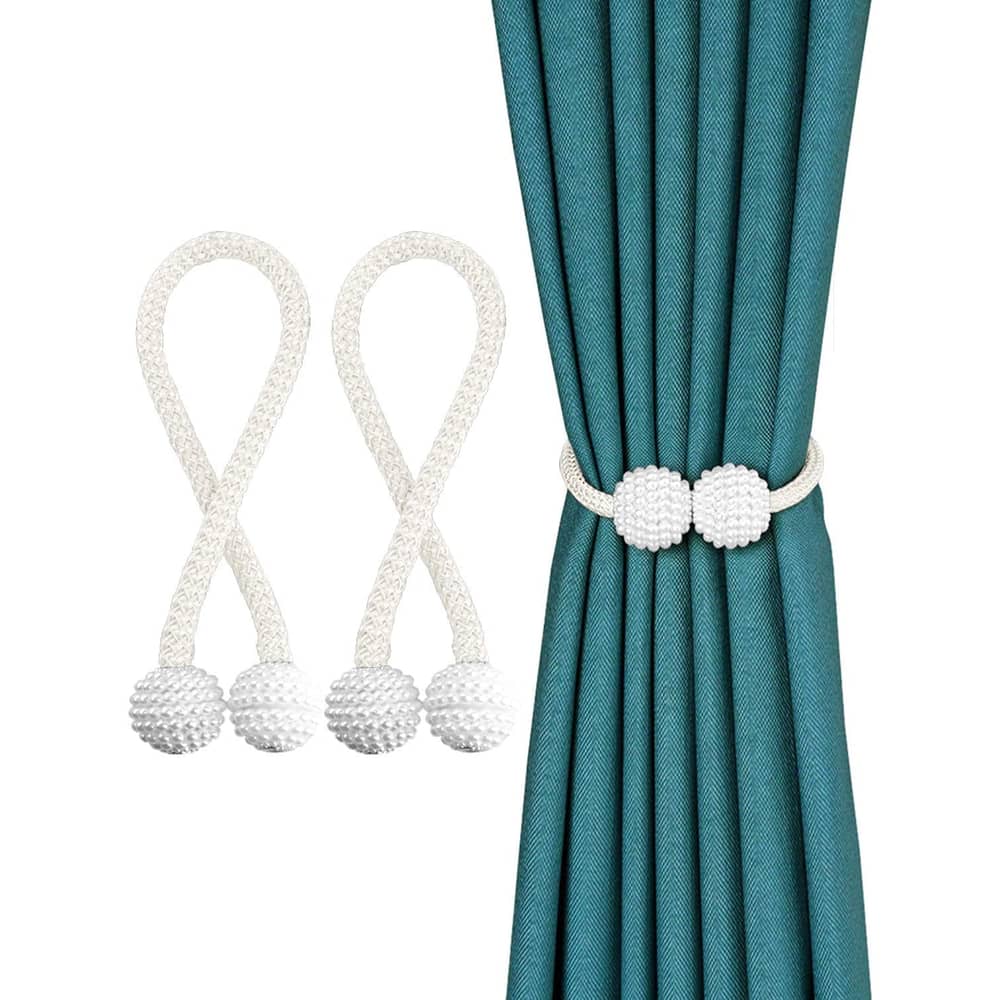 Story@Home Magnetic Curtain Tiebacks Clips - Door Window Tie Backs Holders for Home Office Decorative Rope Holdbacks Classic Tiebacks Pearl Design Set of 2, 16.5 Inch, White