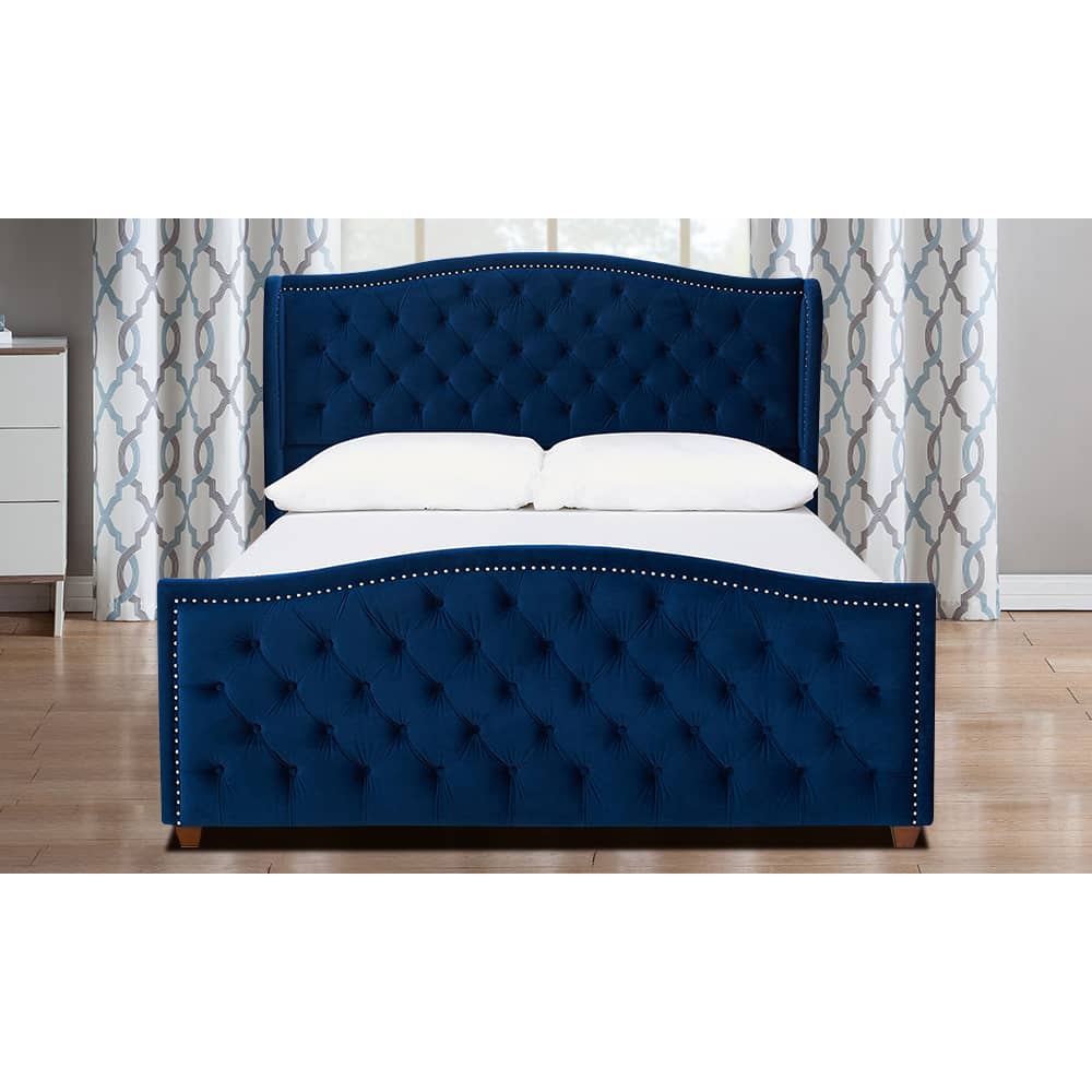 Navy Blue Velvet Hand-Tufted Upholstered Bed Queen Bed Navy blue