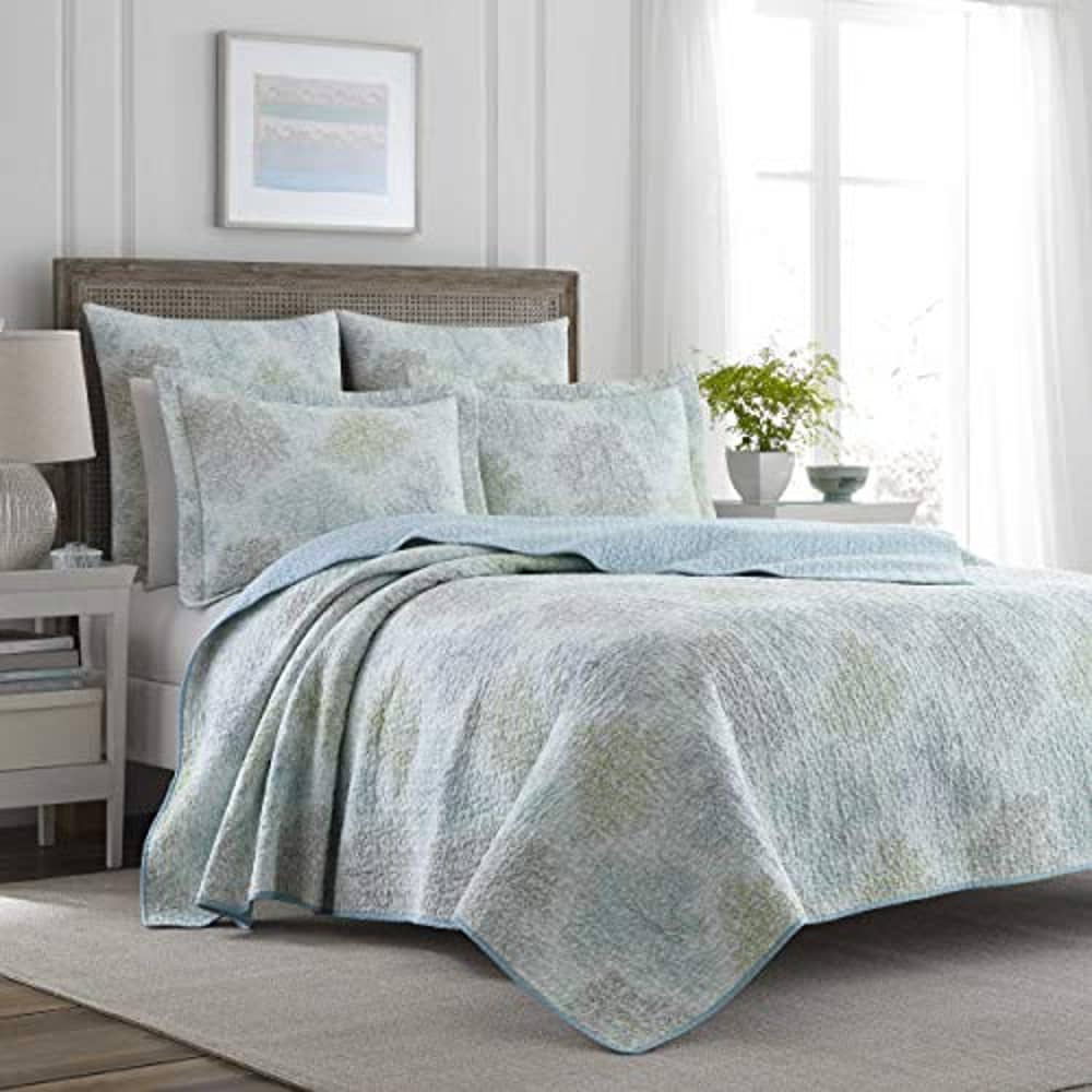 Laura Ashley Home Saltwater Collection 100% Cotton Reversible & Light-Weight Quilt Bedspread With Matching Sham 2Pc Bedding Set Twin Blue