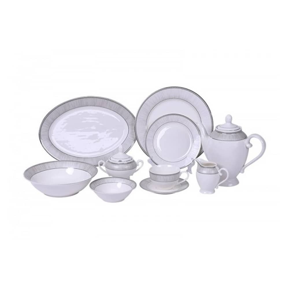 Pan Emirates Jesica 47Pcs Silver Design Dinner Set White