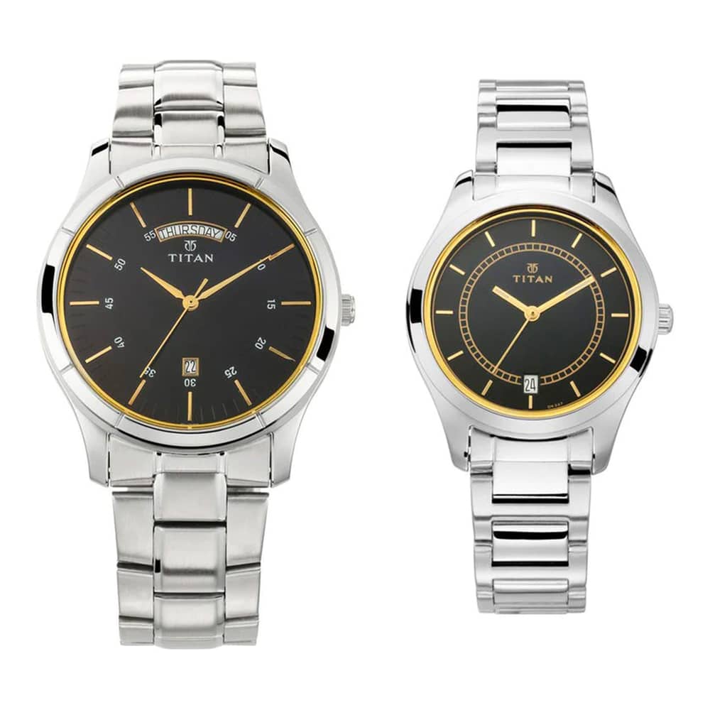 Titan, 1767SM01P, Couples Watch Classique Collection Analog, Black Dial Silver Stainless Band