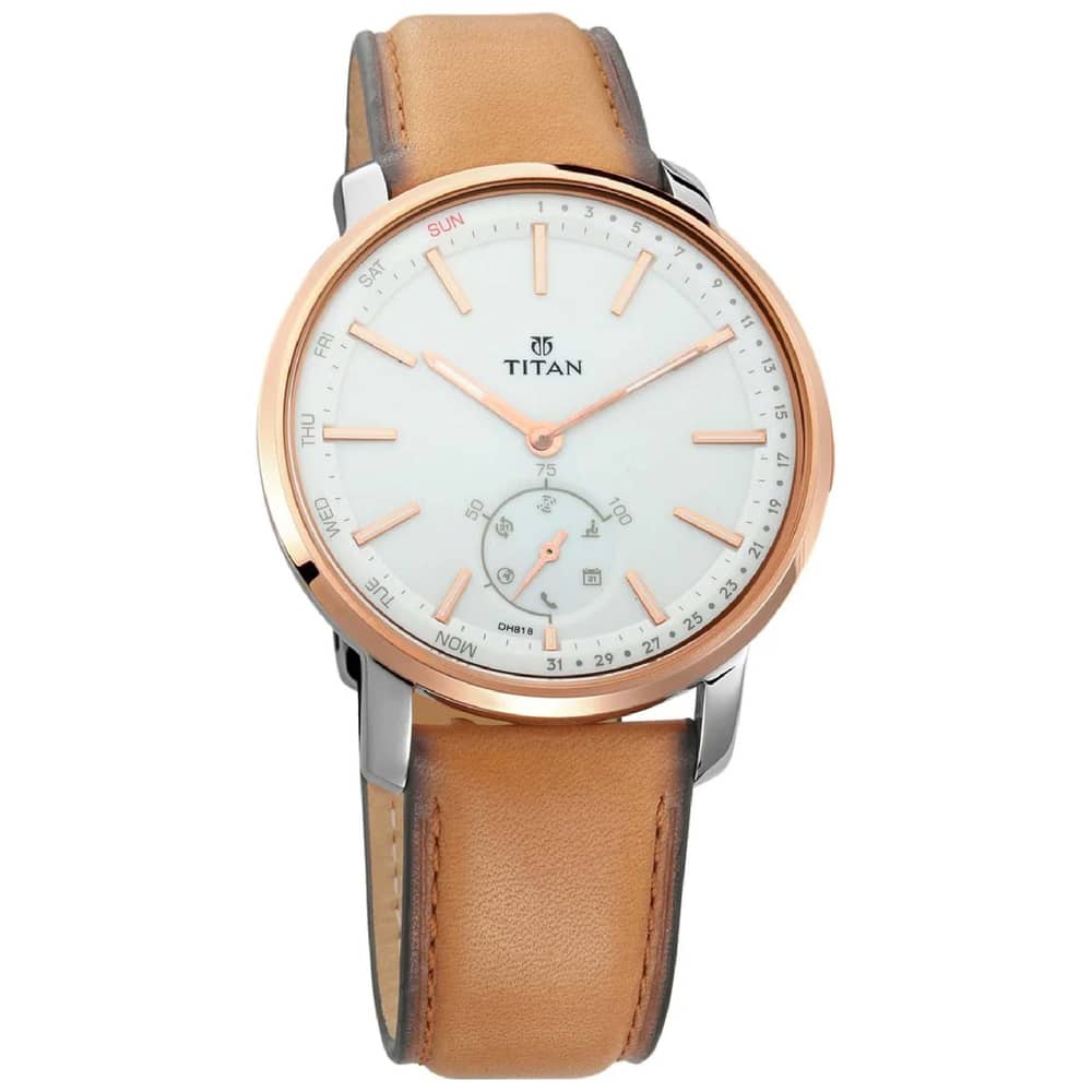 Titan, 1785KL01, Men's Connected Hybrid Watch Analog, White Dial & Brown Leather Band