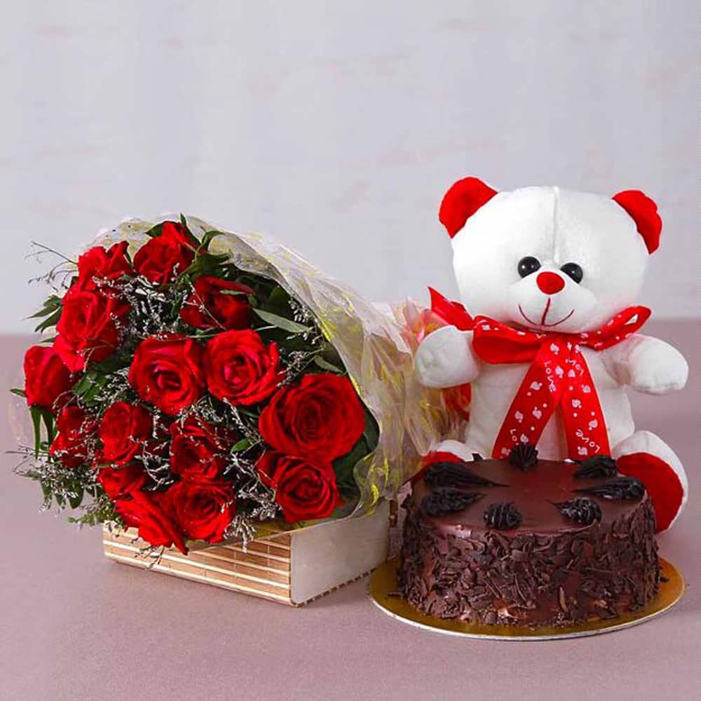 Cake, Bouquet and Teddy a Perfect Gifting Combo Cake, Bouquet and Teddy a Perfect Gifting Combo