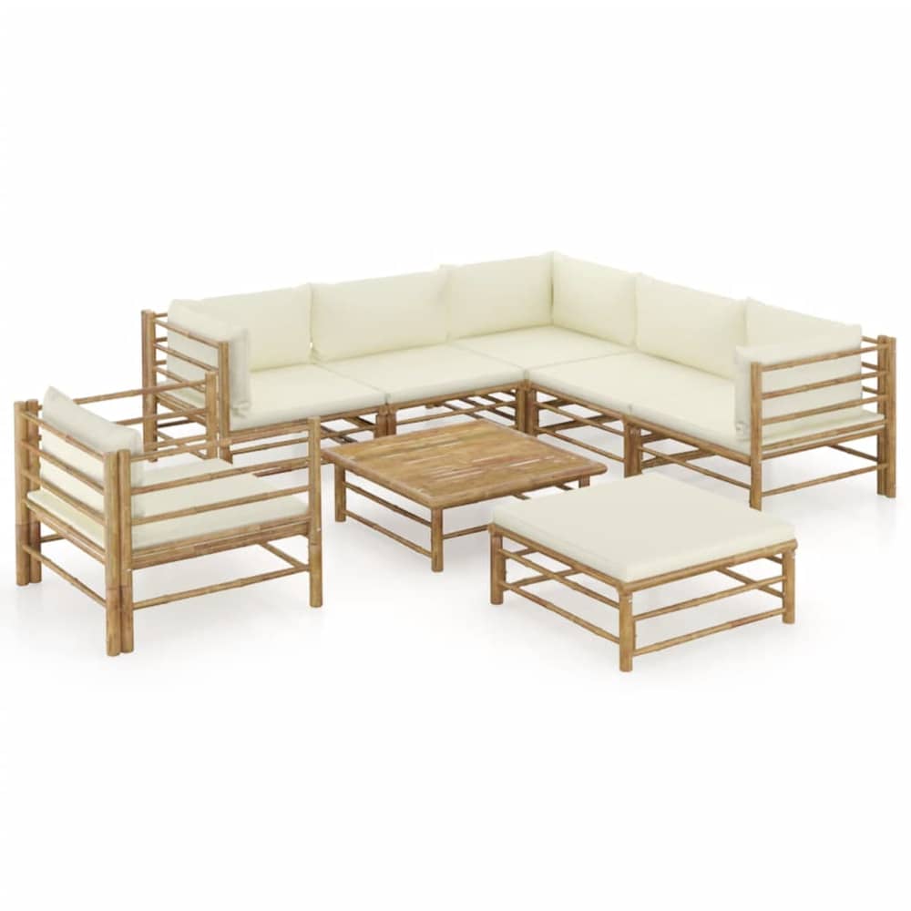 vidaXL 8 Piece Garden Lounge Set with Cream White Cushions Bamboo vidaXL 8 Piece Garden Lounge Set with Cream White Cushions Bamboo