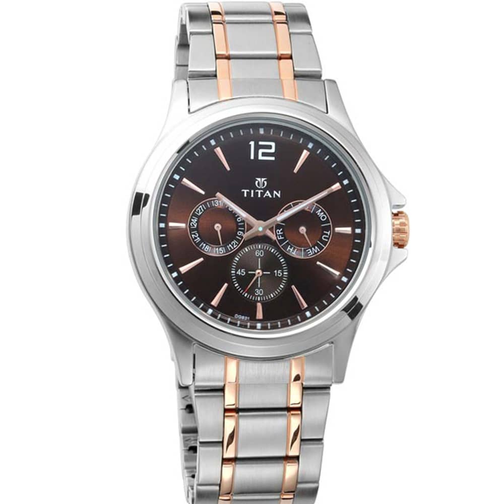 Titan, 1698KM01, Mens Watch Classique Collection Analog, Brown Dial Silver & Gold Stainless Band Titan, 1698KM01, Mens Watch Classique Collection Analog, Brown Dial Silver & Gold Stainless Band