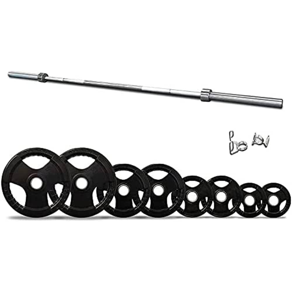 ULTIMAX Olympic Barbell Bar with Tri-Grip Rubber Plate Set for Body Pump Home Gym, Weightlifting, and Strength Training-(7 ft-120kg) ULTIMAX Olympic Barbell Bar with Tri-Grip Rubber Plate Set for Body Pump Home Gym, Weightlifting, and Strength Training-(7 ft-120kg)