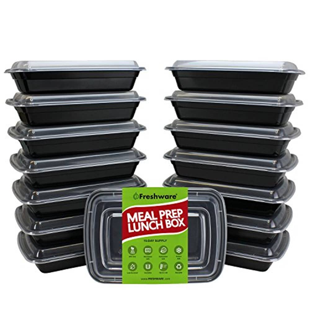 Freshware Meal Prep Containers [15 Pack] 1 Compartment With Lids, Food Containers, Lunch Box | Bpa Free | Stackable | Bento Box, Microwave/Dishwasher/Freezer Safe, Portion Control, 21 Day Fix (28 Oz)