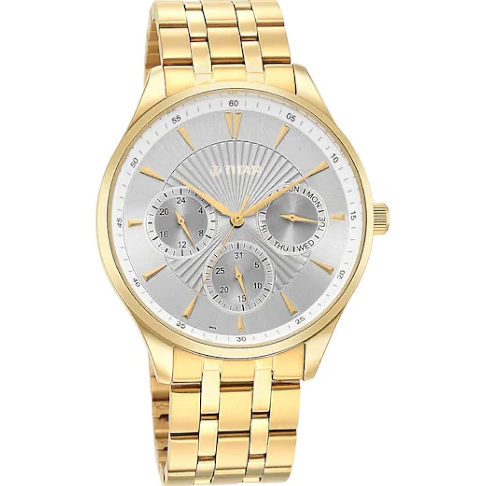 Titan, 90127YM04, Mens Opulent III Collection Analog Watch, Silver Dial & Golden Stainless Steel Band