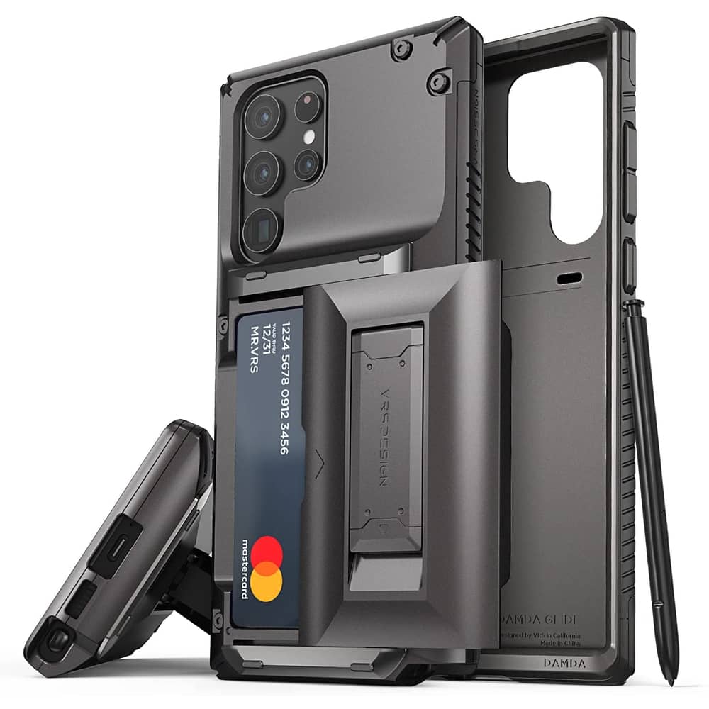 Vrs Design Damda Glide Hybrid Designed For Samsung Galaxy S22 Ultra Case Cover (2022) Wallet [semi Automatic] Slider Credit Card Holder Slot [3-4 Cards] & Kickstand - Metal Black