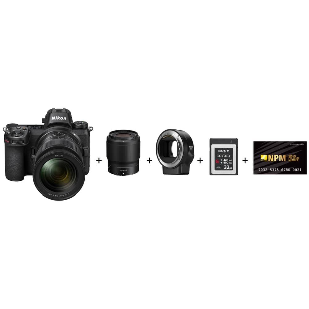 Nikon Z6 Digital Mirrorless Camera Black + Z 24-70MM F/4 S Lens + Z 50mm f/1.8 S Lens + FTZ Adapter + Sony 32GB XQD Memory Card + Nikon Premium Member Nikon Z6 Digital Mirrorless Camera Black + Z 24-70MM F/4 S Lens + Z 50mm f/1.8 S Lens + FTZ Adapter + Sony 32GB XQD Memory Card + Nikon Premium Member