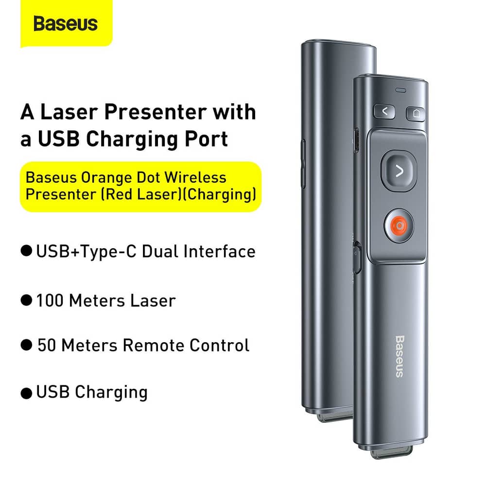 Baseus Rechargeable Professional Orange Dot Wireless Presenter Laser Pointer- Grey Baseus Rechargeable Professional Orange Dot Wireless Presenter Laser Pointer- Grey