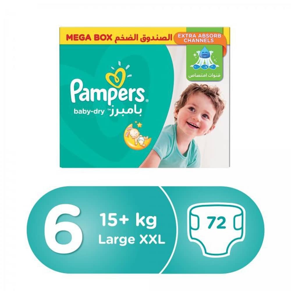 Pampers Baby-Dry Diapers, Size 6, Extra Large, 13+kg, Giant Box, 72 Count