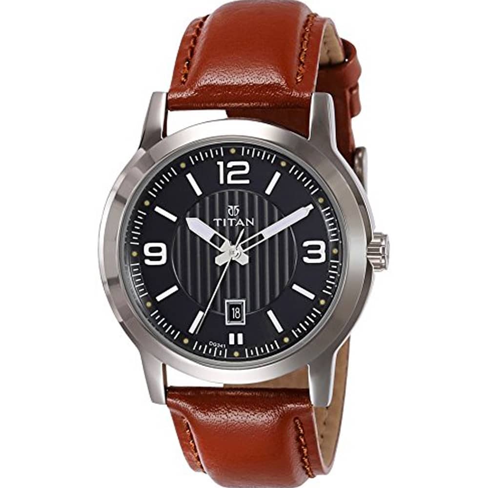 Titan, 1730SL02, Mens Watch Classique Collection Analog, Black Dial Brown Leather Band
