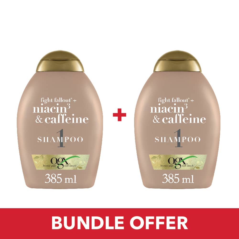 OGX Shampoo Fight Fallout + Niacin3 & Caffeine 385ml - Pack of 2 Pieces (Bundle Offer) OGX Shampoo Fight Fallout + Niacin3 & Caffeine 385ml - Pack of 2 Pieces (Bundle Offer)