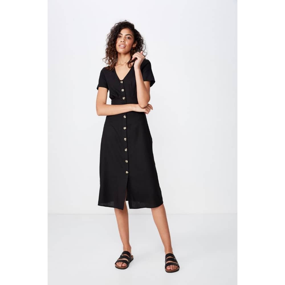 Cotton On Woven Cherry Button Front S/S Midi Dress Black Extra Small Cotton On Woven Cherry Button Front S/S Midi Dress Black Extra Small