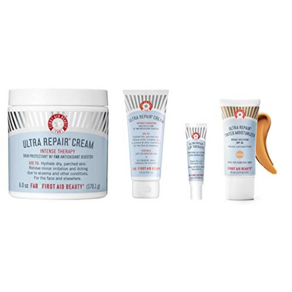 First Aid Beauty Custom Shade Kit: Limited Edition Best Sellers Set. Includes Ultra Repair Cream (6 oz) and (2 oz), Tinted Moisturizer-Medium (1.0 oz), and Lip Therapy (0.5 oz)