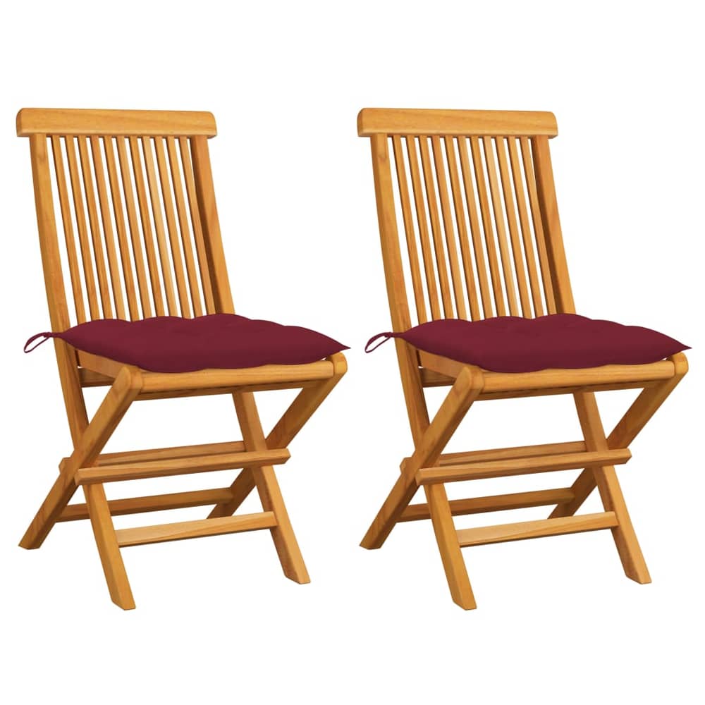 vidaXL Garden Chairs with Wine Red Cushions 2 pcs Solid Teak Wood vidaXL Garden Chairs with Wine Red Cushions 2 pcs Solid Teak Wood