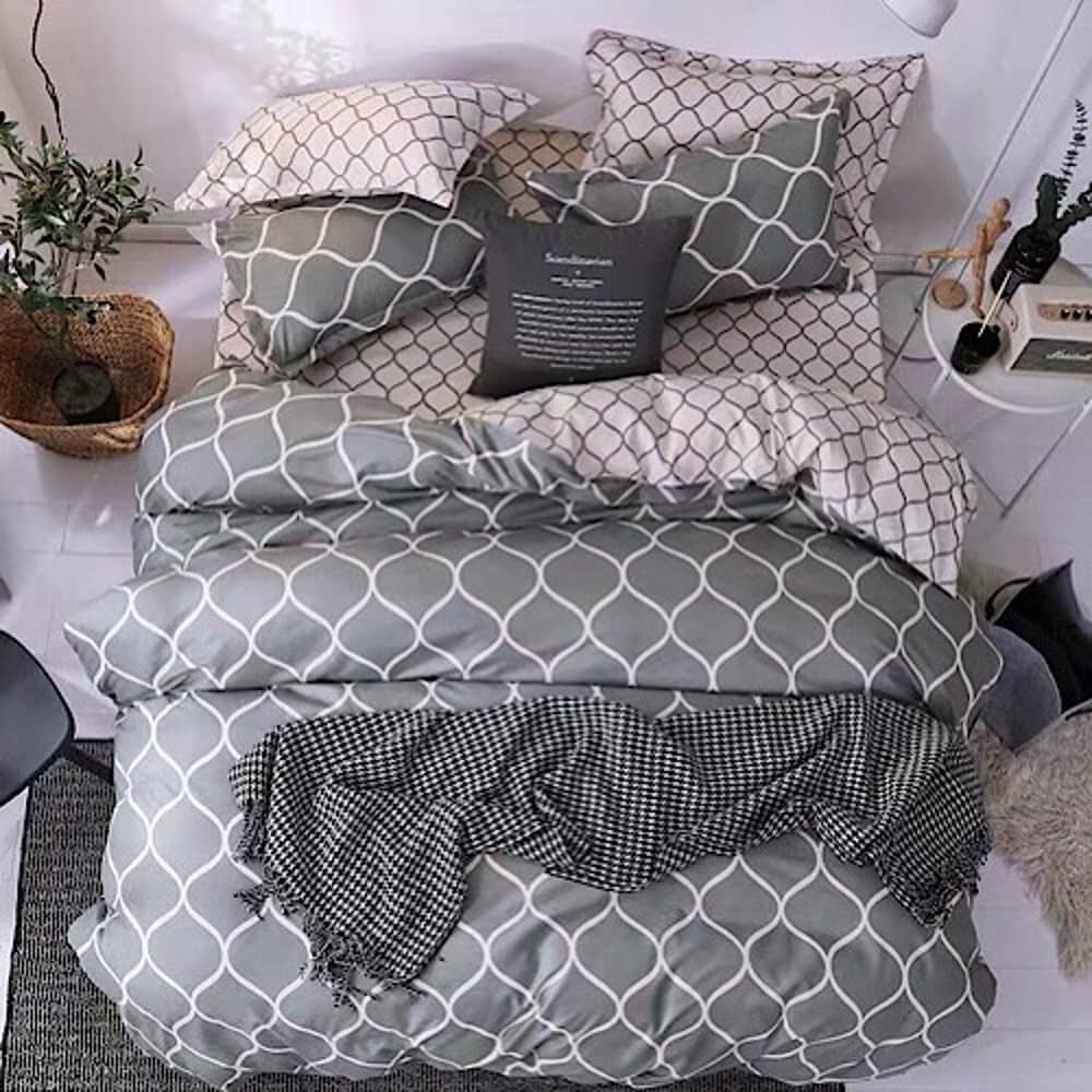 King Size Grey Geometric Bedding Set of 6 Pieces