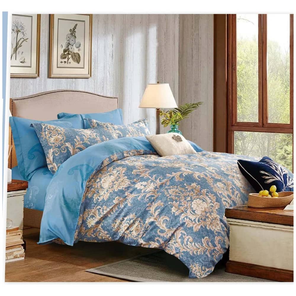 4pcs Fitted Sheet Bedding Set Blue/Beige Printed