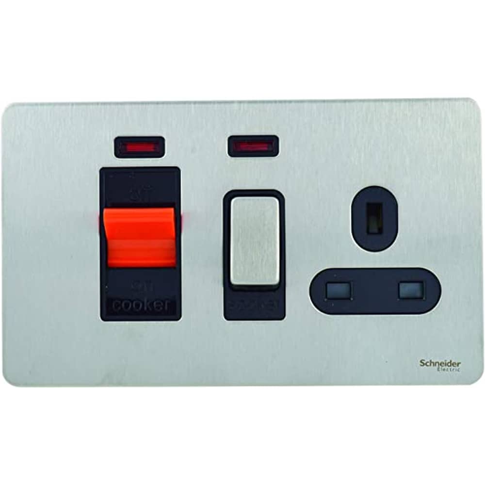 Schneider Ultimate Stainless Steel Screwless Flat Plate 45A + 13A Cooker Control Unit & Socket Black Insert Schneider Ultimate Stainless Steel Screwless Flat Plate 45A + 13A Cooker Control Unit & Socket Black Insert