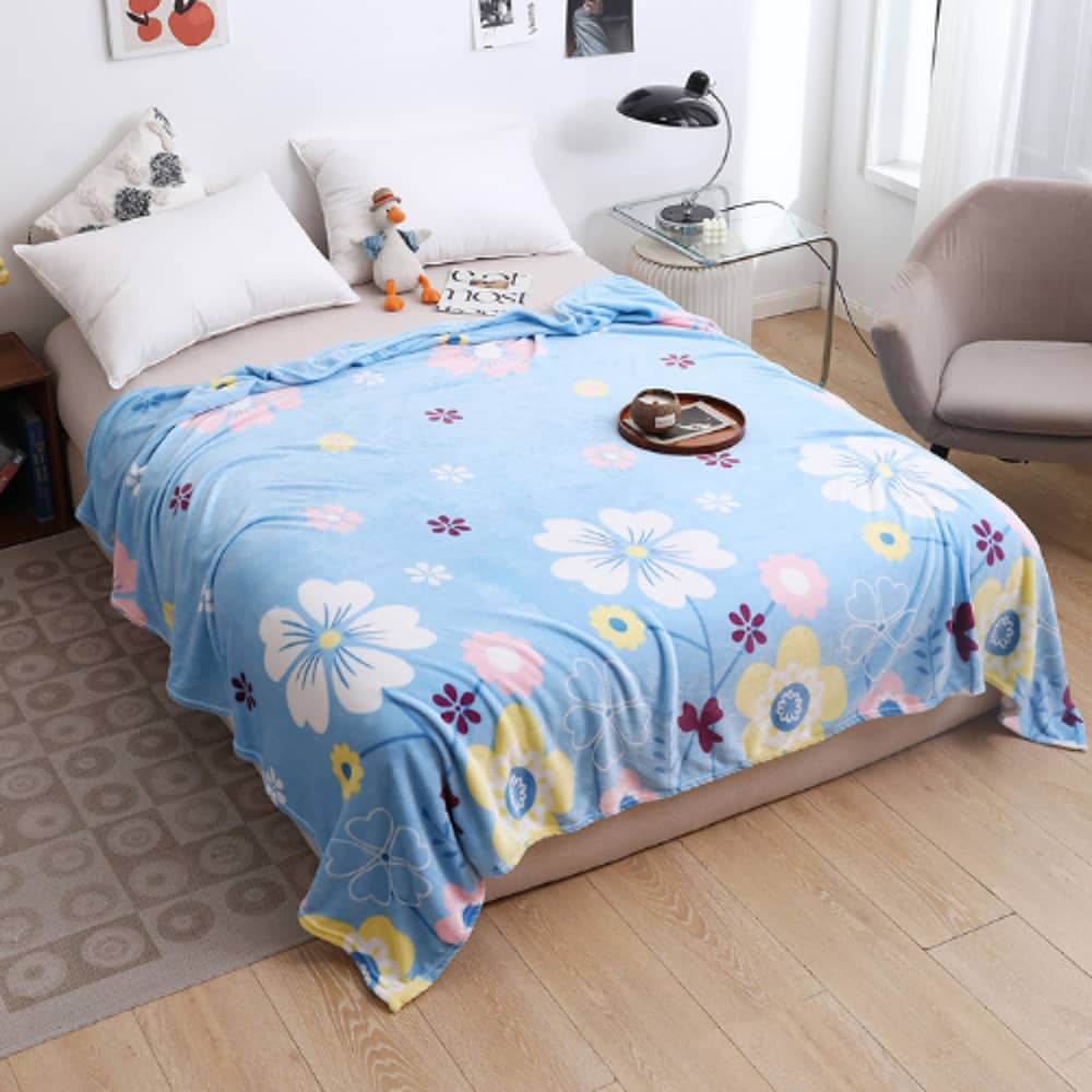 LUNA HOME Fleece Blanket 200*230cm Super Soft Throw Sky Blue Color with Floral Design.