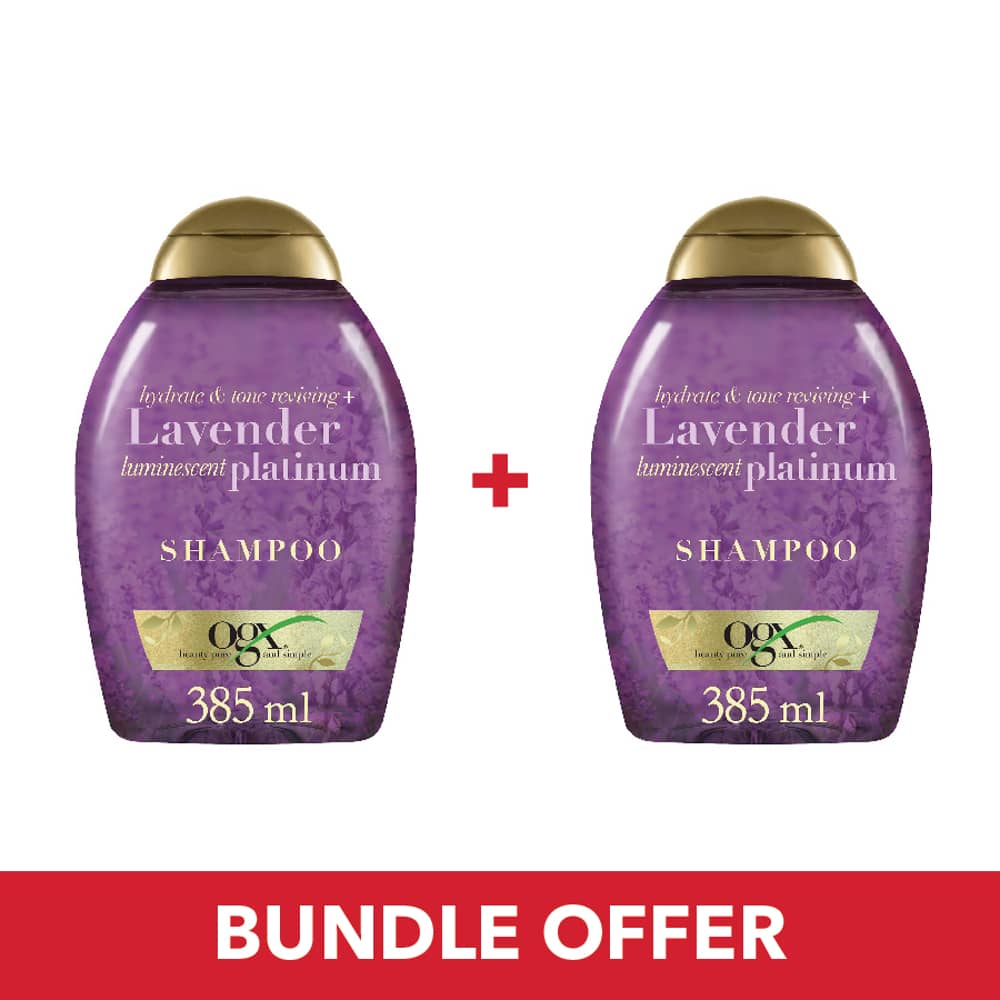 OGX Shampoo Hydrate & Color Reviving + Lavender Luminescent Platinum With UVA/UVB Filters 385ml - Pack of 2 Pieces (Bundle Offer) OGX Shampoo Hydrate & Color Reviving + Lavender Luminescent Platinum With UVA/UVB Filters 385ml - Pack of 2 Pieces (Bundle Offer)