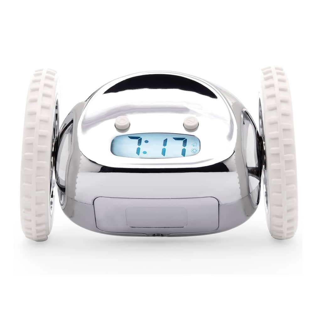 Clocky alarm clock on wheels - Chrome