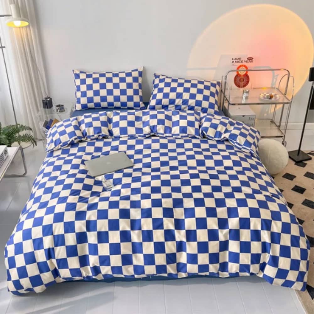 Luna Home Single Size 4 Pieces Bedding Set Without Filler, Blue And White Checkered Design Luna Home Single Size 4 Pieces Bedding Set Without Filler, Blue And White Checkered Design