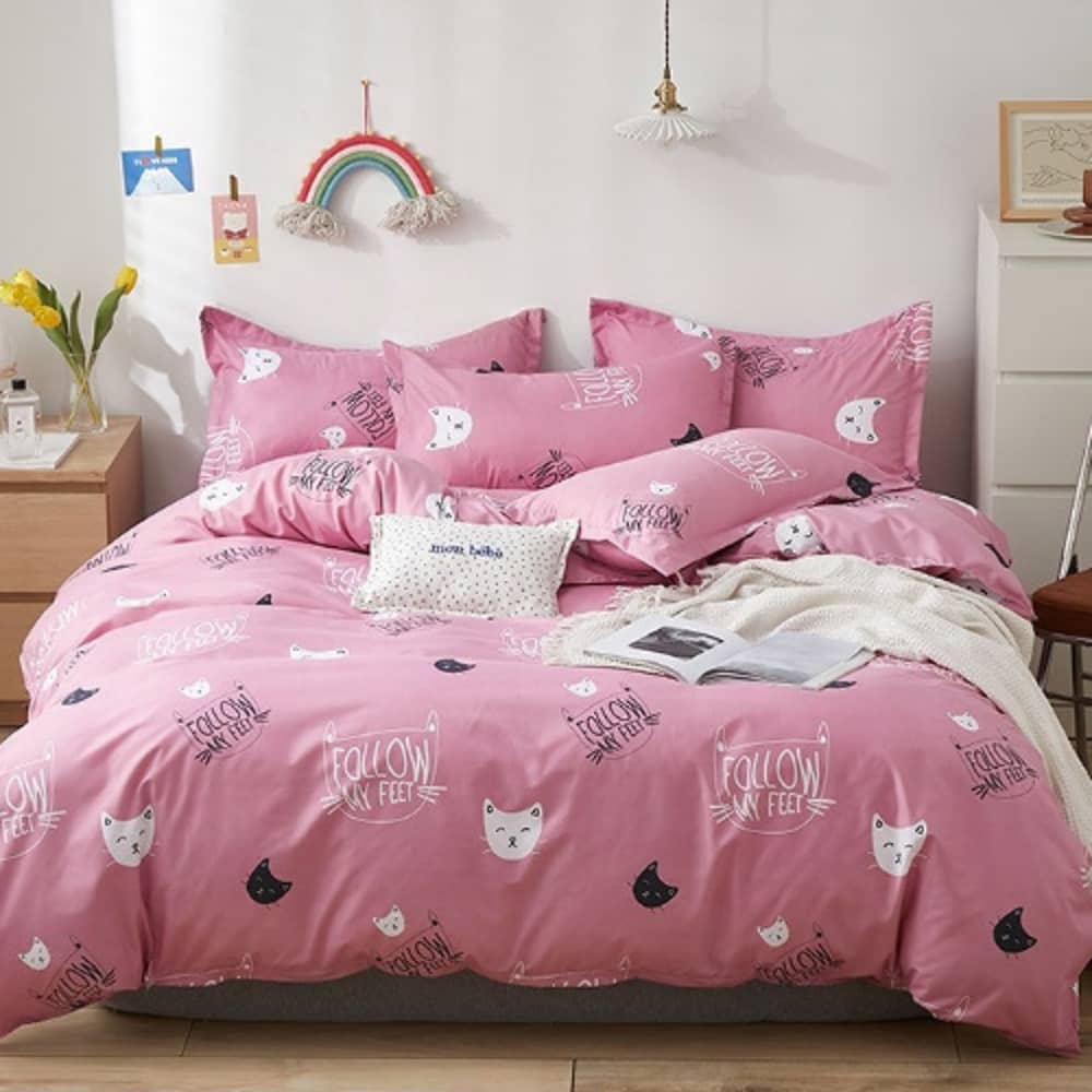 Luna Home Single Size 4 Pieces Bedding Set Without Filler, Pink Color Cat Design Luna Home Single Size 4 Pieces Bedding Set Without Filler, Pink Color Cat Design