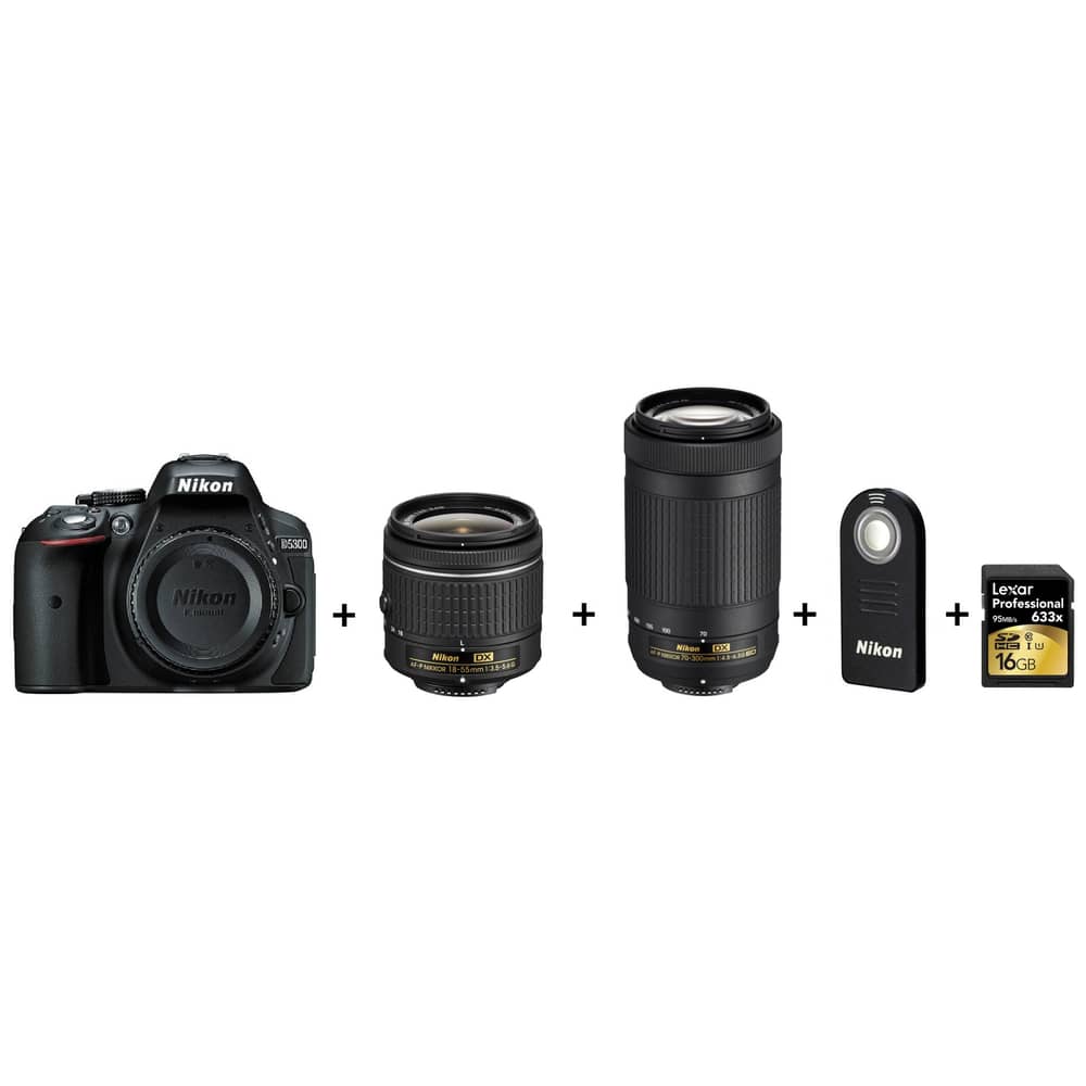 Nikon D5300 DSLR Camera Body Black + AF-P DX 18-55 F/3.5-5.6G Lens + AF-P DX NIKKOR70-300mm f/4.5-6.3G ED Lens + ML-L3 Remote Control + Lexar Professional 633x 16GB C10 95MB/s SDHC Card