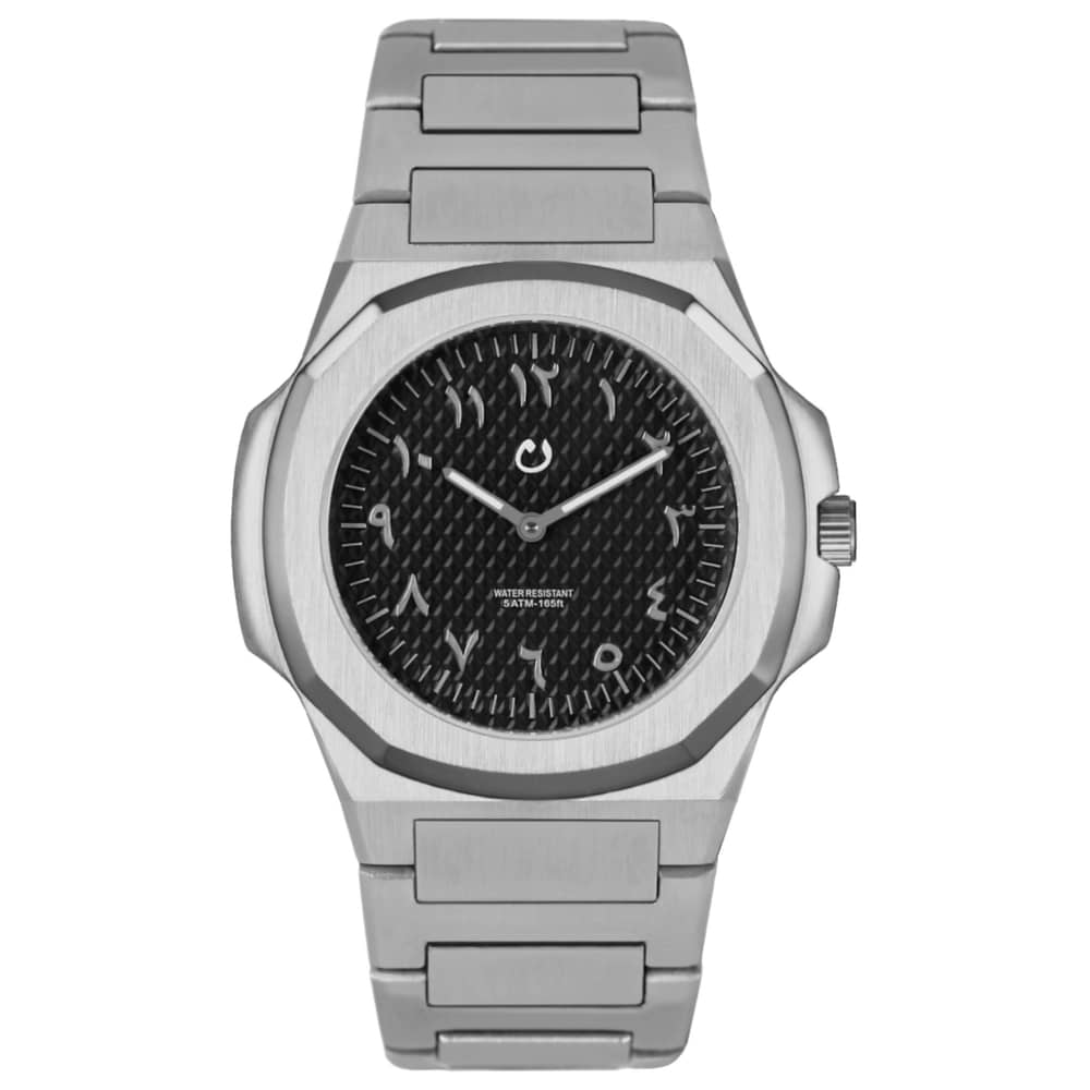 ساعة نون مونتر فضية غير لامعة سوداء / مطاط فضي / فولاذ للجنسين