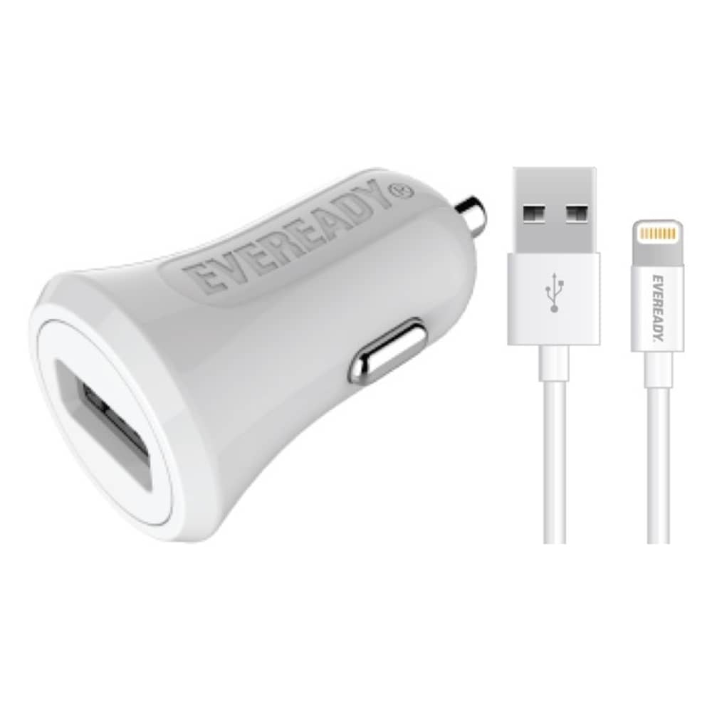 Eveready Car Charger With Lightning Cable 1m White - 1BELI3 Eveready Car Charger With Lightning Cable 1m White - 1BELI3