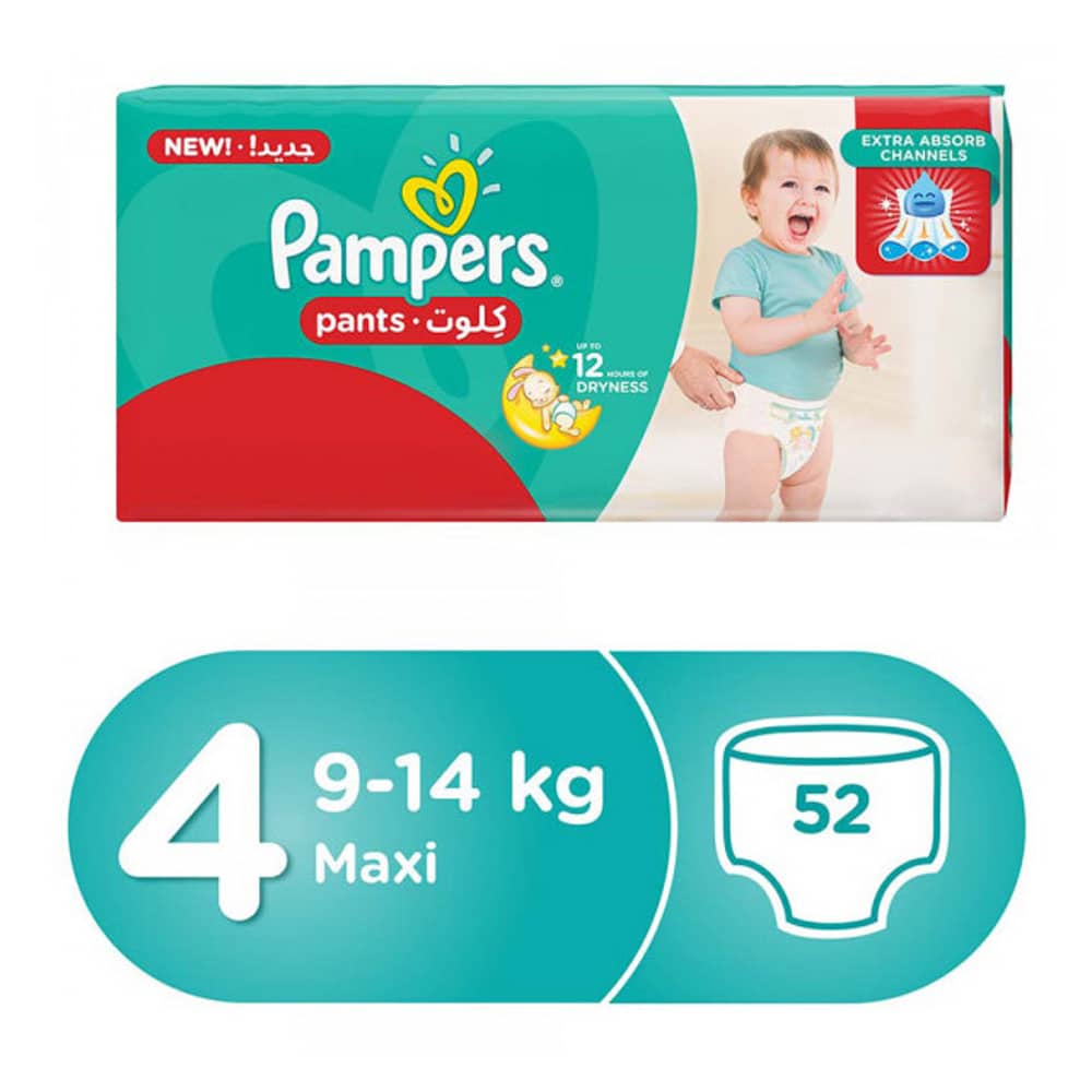 Pampers pants diapers, size 4, maxi, 9-14 kg, jumbo pack, 52 count Pampers pants diapers, size 4, maxi, 9-14 kg, jumbo pack, 52 count